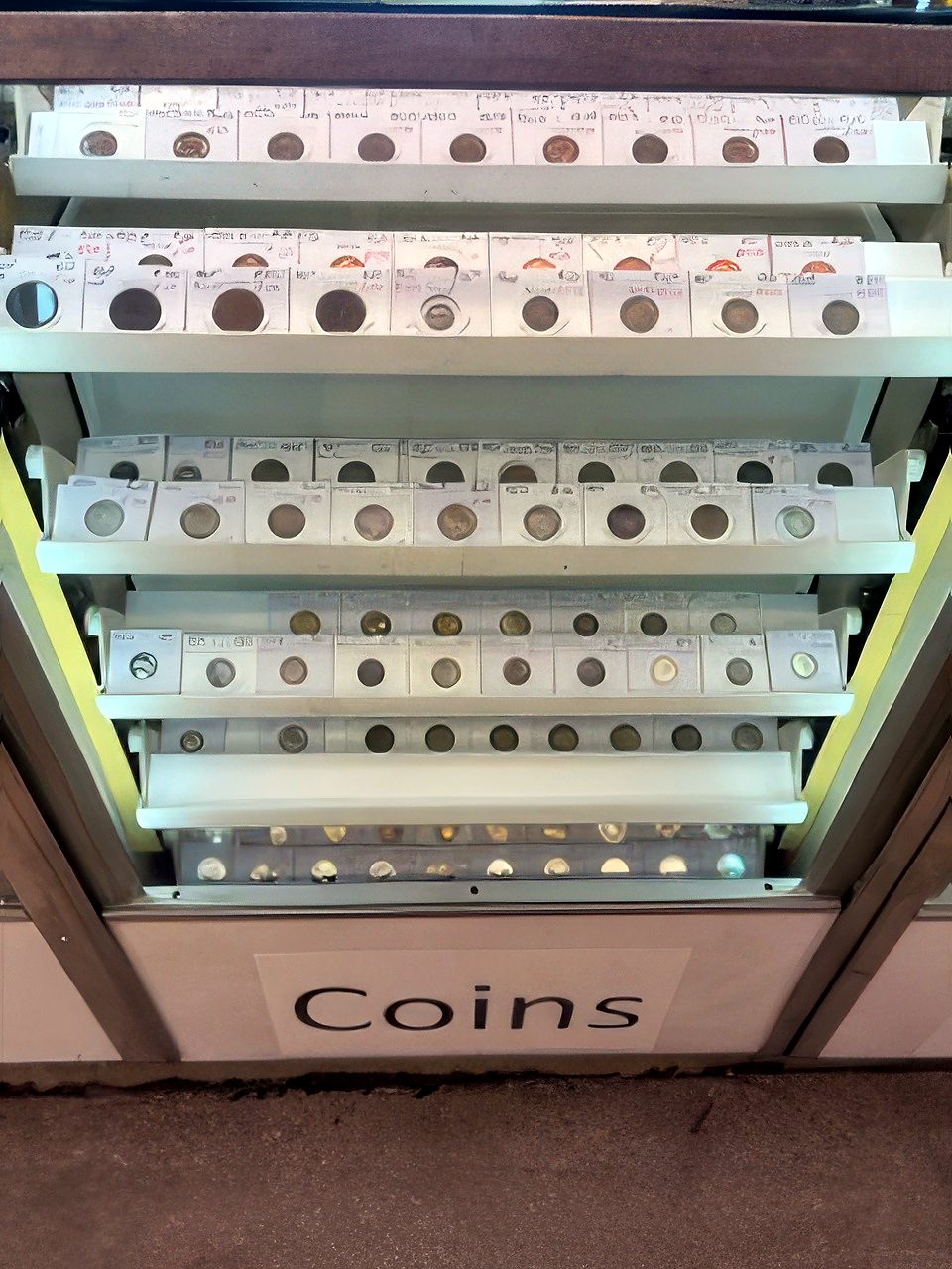 Rows of coins in flip holders in a lit display case under a Coins sign